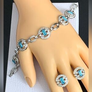 Signed Engel Brothers Sterling Silver Aqua Crystal Rhinestone Art Deco Bracelet